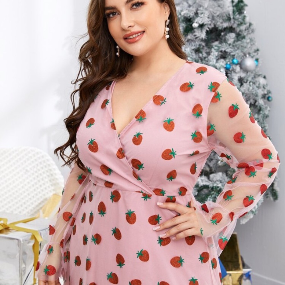 SHEIN Curve strawberry mesh pink dress